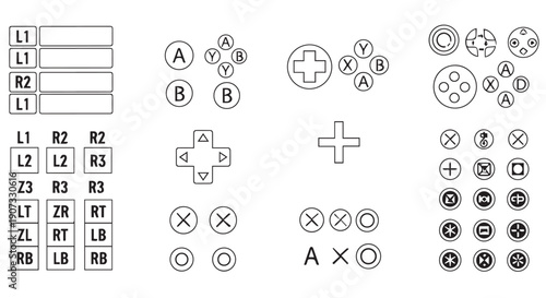 A collection of various gaming controller buttons and symbols, including directional pads, face buttons, and other interface elements.