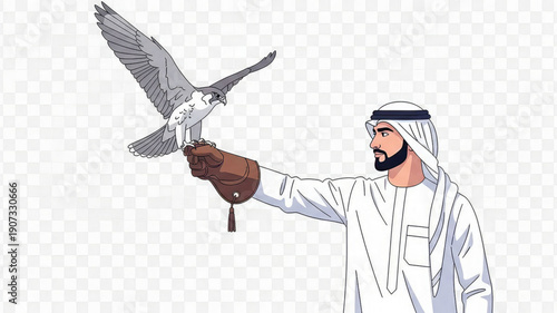 Man in traditional emirati attire holds falcon on gloved hand outdoors