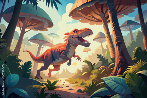 Tyrannosaurus rex running through prehistoric jungle roaring fiercely predatory dinosaur hunting in tropical forest with sunbeams giant mushrooms dramatic low angle view