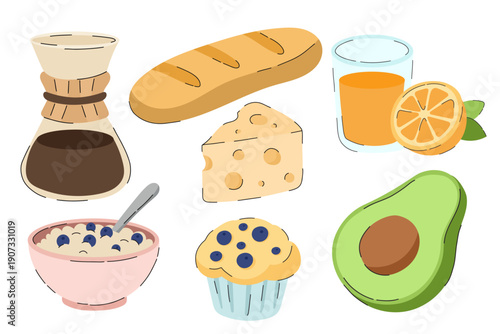 Breakfast food set with coffee maker, bread loaf, cheese, orange juice, oatmeal bowl, muffin and avocado. Cute morning meals and healthy products, perfect for breakfast concepts, food packaging.