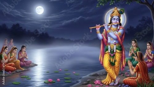 Hindu God Krishna Playing Flute by River.
