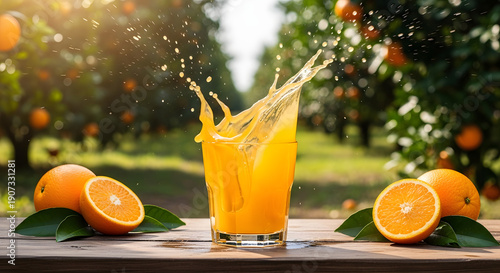 Fresh orange juice splashing from glass on rustic table