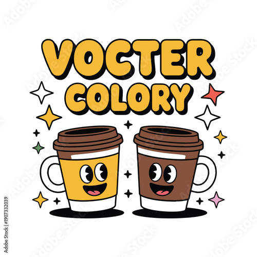 A colorful illustration of two cartoon coffee cups with smiling faces and the words 'Vocter Colory' above them.