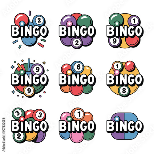 A collection of colorful bingo balls with the word bingo on them