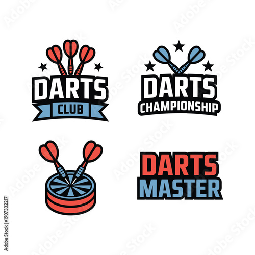 A collection of darts logos and emblems for clubs, championships, and masters