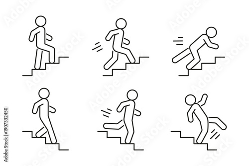 Man walk, run and fall on ladder, line icon set. Stairs up and down. Stairway, steps direction sign. Safe moving upstairs and downstairs, rise and descend. Vector illustration
