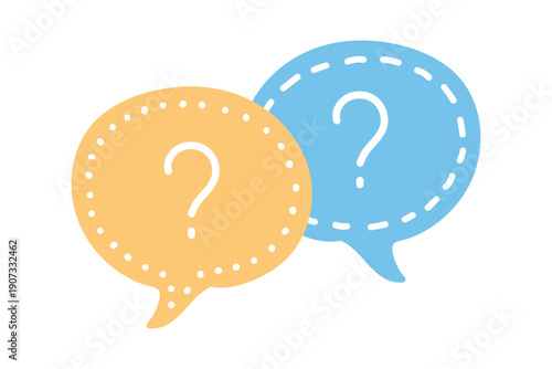 Two doodle colorful speech bubble icons with question marks. Concept of asking frequent questions or communication. Hand drawn text box for FAQ and solution. Vector illustration