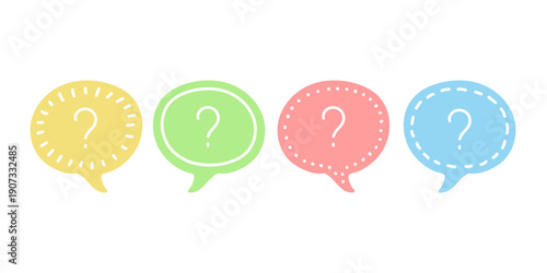 Doodle colorful speech bubble set icons with question marks. Concept of asking frequent questions or communication. Hand drawn text box for FAQ and solution. Vector illustration