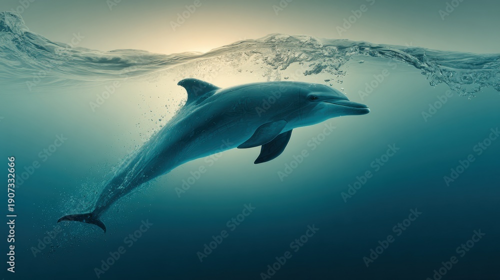 Obraz premium Dolphin Swims Toward Open Horizon Line Representing Future and Optimism With a Minimal Composition Highlighting Freedom and Hopefulness