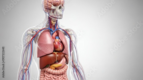 Human Anatomy Illustration with Internal Organs Visible.