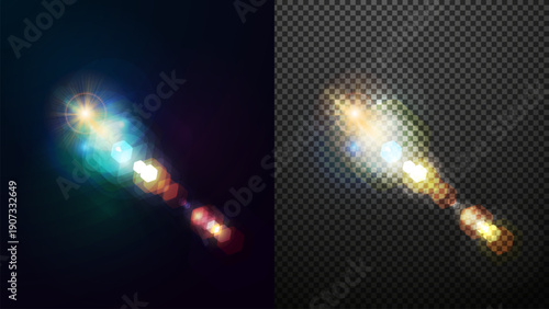 Lens flare of a light with a bright yellow star in the middle. Light source with a blue and green glow.