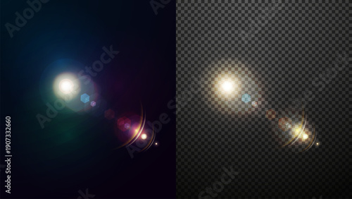 Lens flare of a light with a bright yellow spot of light in the middle. Transparent sunlight special lens flare light effect.