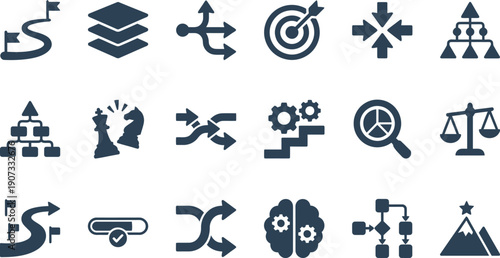 Essential vector icon set for business strategy, management, problem-solving, goal achievement, and process optimization