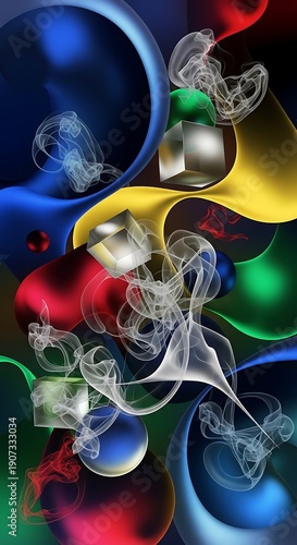 Dynamic abstract composition featuring swirling vapor and geometric solids amidst vibrant chromatic forms