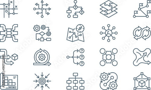 Comprehensive Set of Business Process Flow and Strategic Planning Line Icons for Workflow Optimization and System Mapping