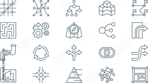 Modern line art icons for strategic business planning, innovative problem-solving, process management, and directional choices