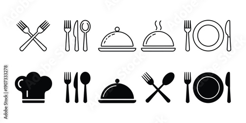 Cutlery and dinnerware icon vector set, fork, spoon, knife, plate, chef hat, and cloche tray symbols in line and flat styles for restaurant signs, food services, menus, UI/UX, and hospitality design p