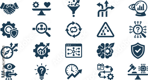 Extensive collection of modern business strategy, analytics, and operational management icons showcasing innovation, growth, and problem-solving