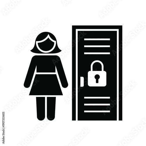 A woman wearing a face mask stands in front of a locked door with a padlock.
