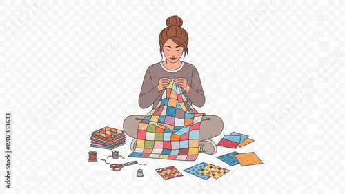 Woman sitting cross legged sewing colorful patchwork quilt with scattered pieces around her