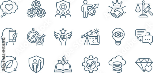 Dynamic collection of modern business strategy, leadership, innovation, and sustainability line icons for growth and teamwork