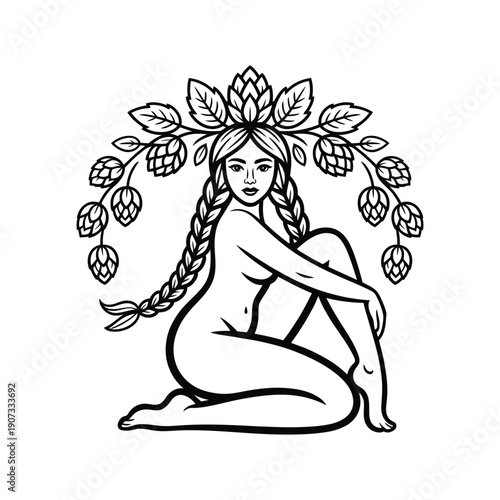 A nude woman sits in a serene pose surrounded by hop plants and leaves.