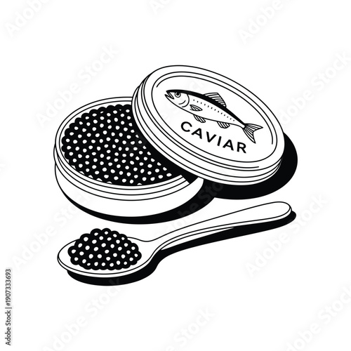 A black and white illustration of a tin of caviar with a spoon full of caviar.