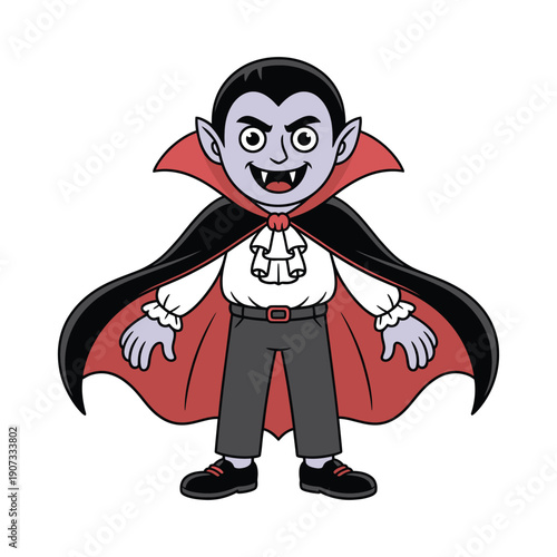 A cartoon vampire character with a red cape and fangs standing on a white background