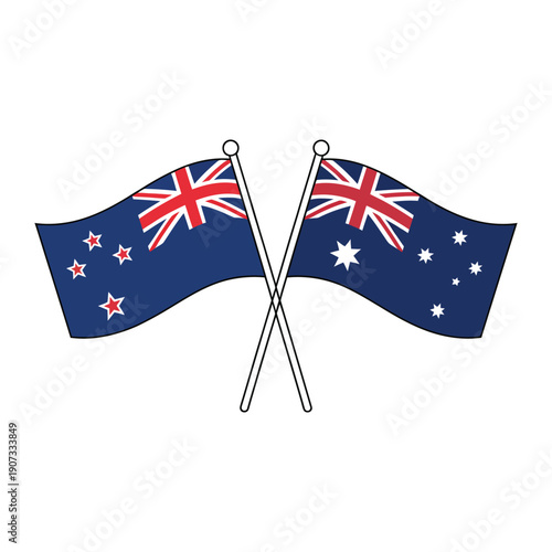 The national flags of New Zealand and Australia crossed together in a symbol of friendship and cooperation between the two countries.