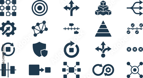 Dynamic Digital Transformation Icons Illustrating Modern Business Processes, Strategic Growth, and Network Development Concepts