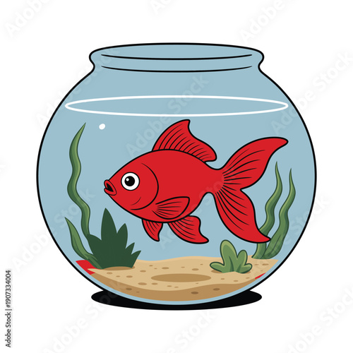 A cartoon red fish swims in a clear glass fishbowl with green plants and sand at the bottom.
