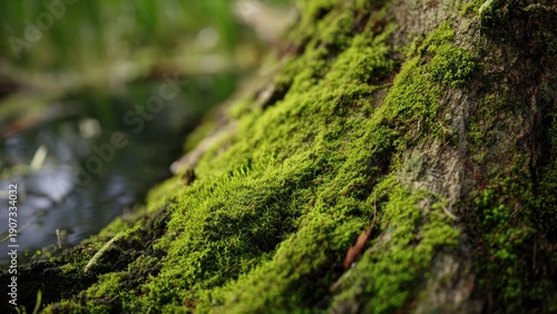 Lush green moss growing on a tree root
