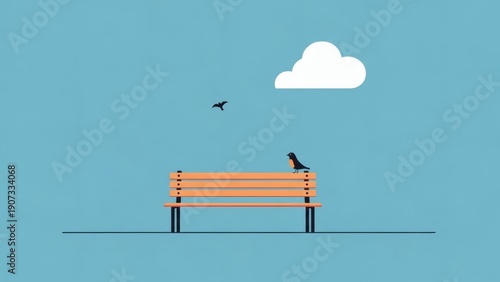 Illustration of a bench with a bird.
