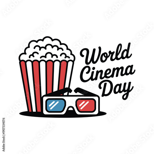 A colorful illustration celebrating World Cinema Day with 3D glasses and popcorn