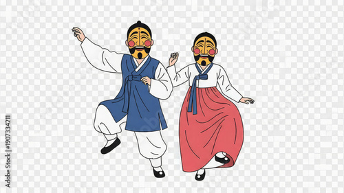 Traditional korean dancers wearing colorful hanbok and masks perform