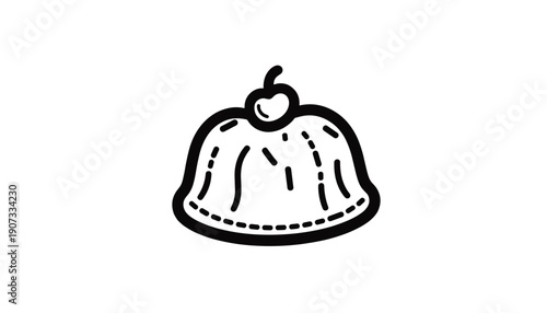 Dessert jelly with cherry on top in black and white outline style  