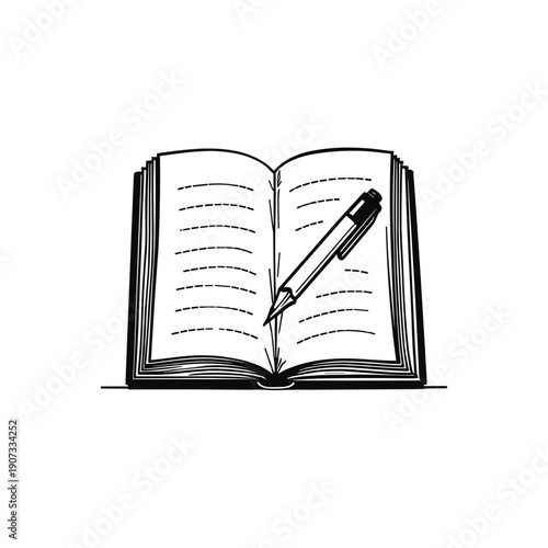 Open book with pen resting on blank pages in minimal style  