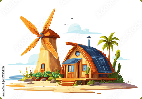 Vector illustration of a wooden eco house with solar panels and a wind turbine, plants and garden elements. Sustainable living concept, isolated on a white background