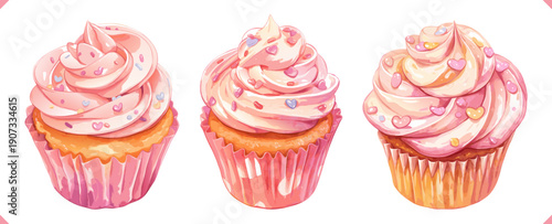 Set of three cupcakes with pink frosting and colorful sprinkles in a paper liner. Vector illustration of dessert for bakery and celebration designs, isolated on a white background