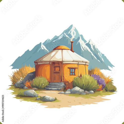 Vector illustration of yurt cabin in mountains with chimney smoke, outdoor travel glamping, isolated on a white background