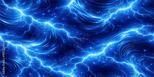 Glowing blue liquid texture ripples with electric lightning energy and seamless wave patterns, creating an abstract plasma motion background with fractal light cells and a starry water design