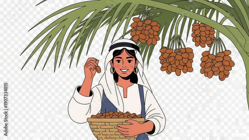 Woman harvesting dates from palm tree with basket
