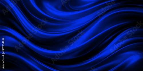 A flowing dark blue silk wave background features a smooth satin texture with soft light and motion, creating an abstract textile illustration for a modern wallpaper backdrop concept