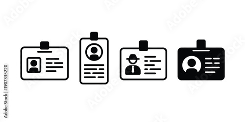 ID card minimal icon set, simple black vector identification symbols on white background for UI/UX design, apps, websites, security systems, access control, and corporate identity graphics