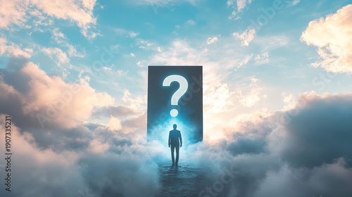 Man facing a question mark portal in clouds.