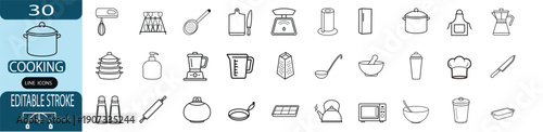 Cooking and kitchen utensil outline icon set, restaurant food preparation symbol, home culinary tools and appliances vector illustration with editable stroke.