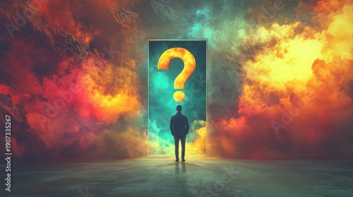 Man facing a question mark door in a surreal, smoky landscape.