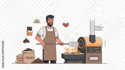 Chocolate maker roasting cacao beans in a small oven