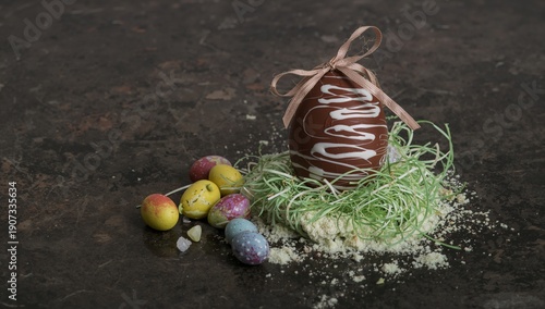 Chocolate Egg With Colorful Candy on a Dark Surface During Easter Season Cele...