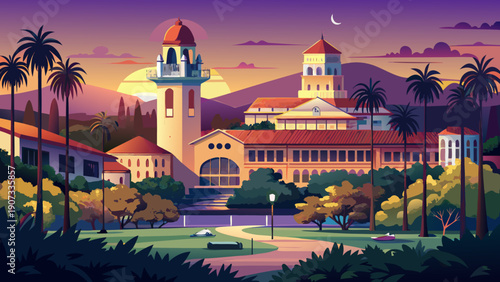 Very beautiful panoramic twilight view of Stanford University, with softly lit buildings, palm silhouettes, and a calm academic environment transitioning into evening.